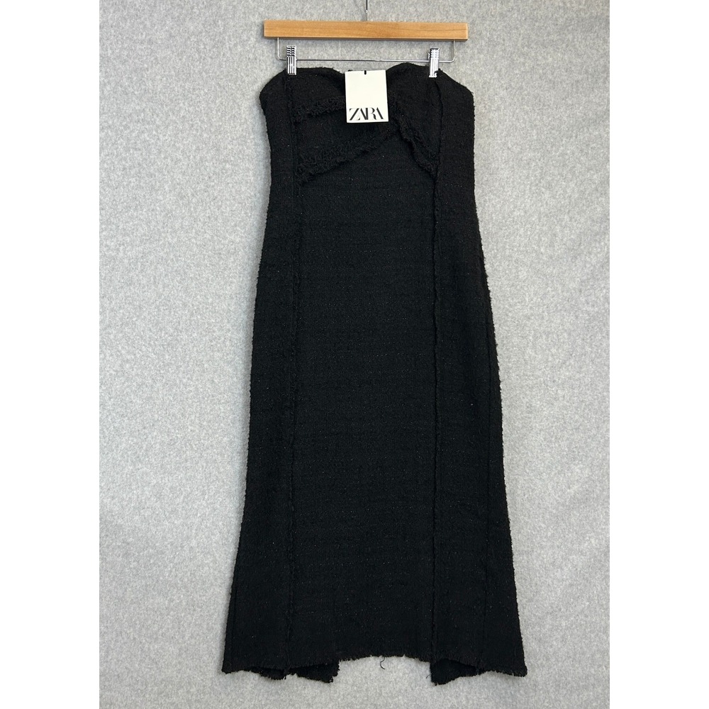 Zara Studio Strapless Tweed Midi Dress Black Metallic Frayed Trim Size Large NWT